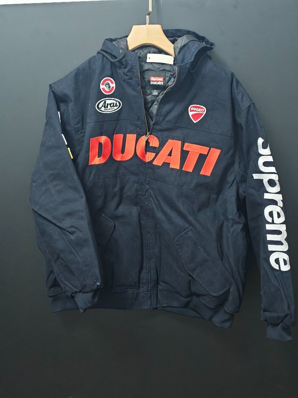 Supreme Black Trench Coat with Red DUCATI Logo